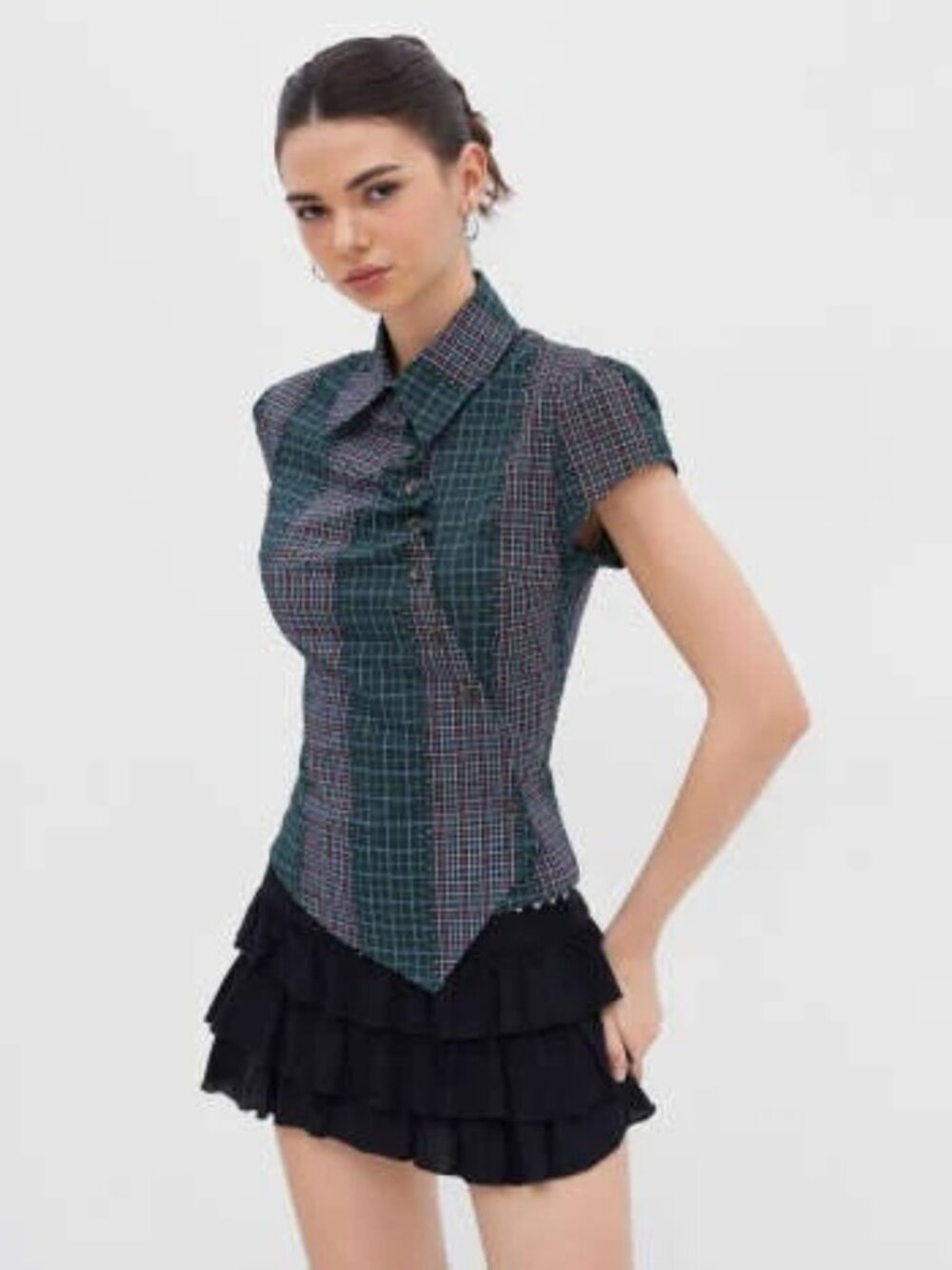 NWT Cider Green Blue Plaid Asymmetrical Button Short Sleeve Shirt Size Large